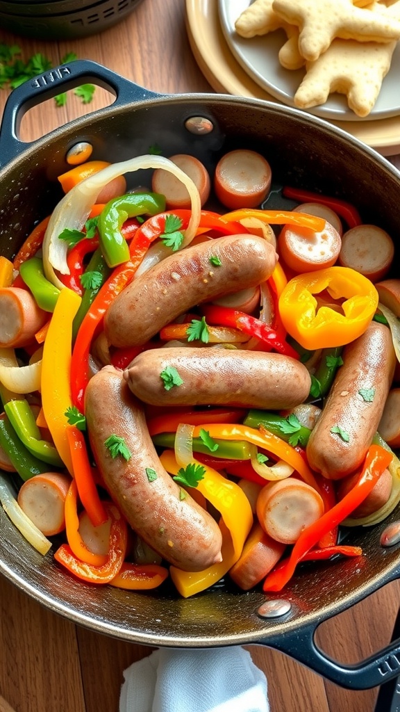 Savory pork sausage and peppers skillet with bell peppers and onions on a wooden table.